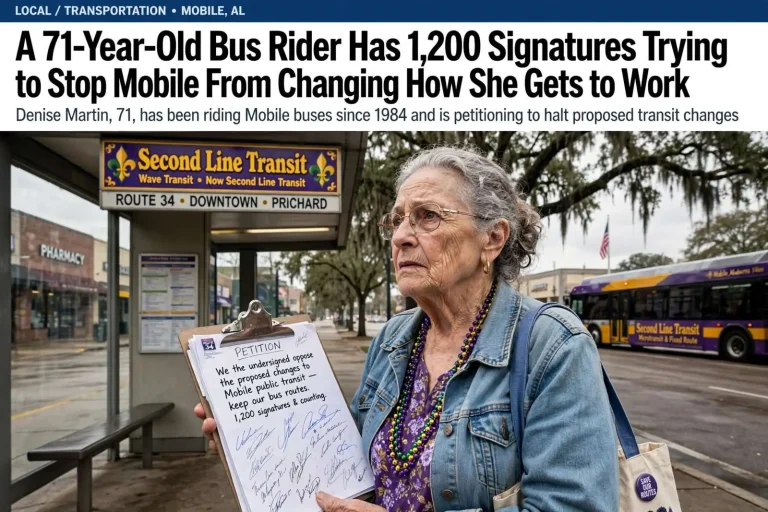 Illustration for the news story: A 71-Year-Old Bus Rider Has 1,200 Signatures Trying to Stop Mobile From Changing How She Gets to Work