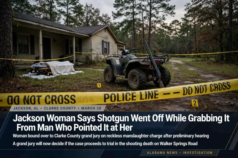 Illustration for the news story: A Jackson Woman Says a Shotgun Went Off While She Was Grabbing It From a Man Who Pointed It at Her. A Grand Jury Will Decide What Happens Next.
