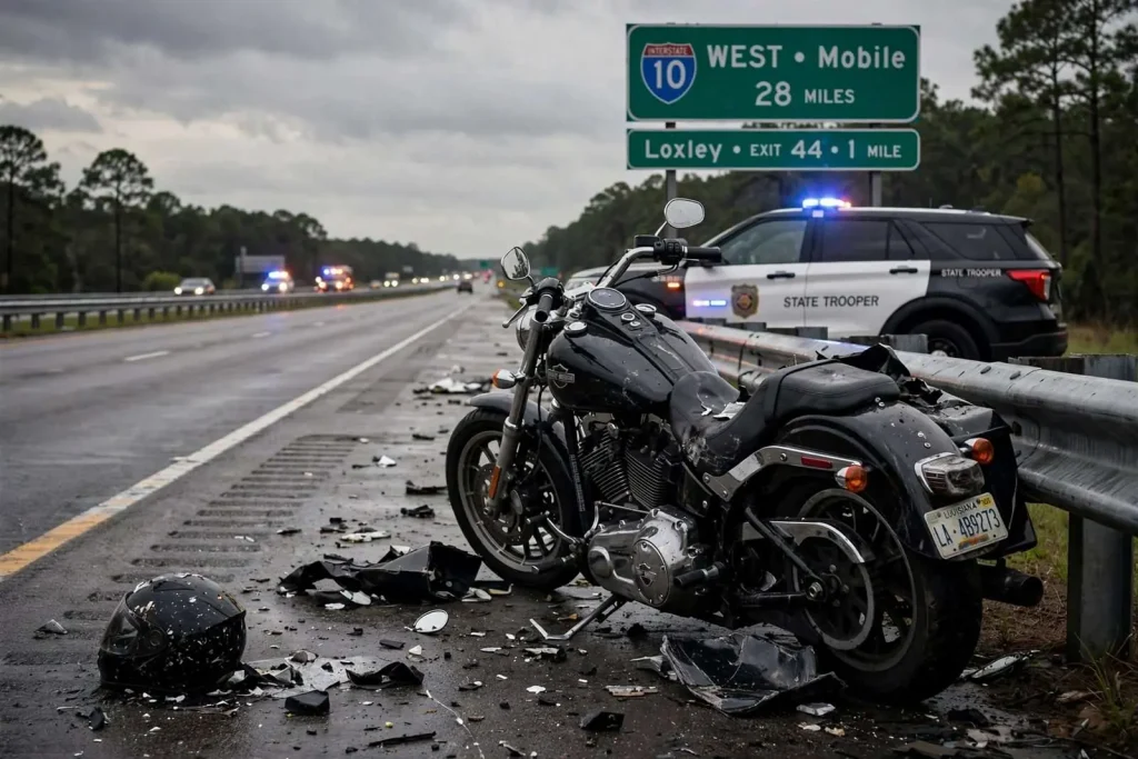 Illustration for the news story: A Louisiana Motorcyclist Survived a Week After His Harley Collided With a Car on I-10 Near Loxley. Then He Died From His Injuries.