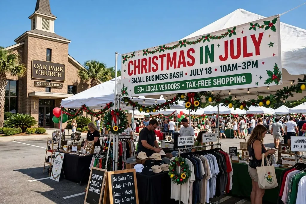 Illustration for the news story: A Mobile Church Is Turning Its Parking Lot Into a Christmas-in-July Market With About 50 Local Vendors