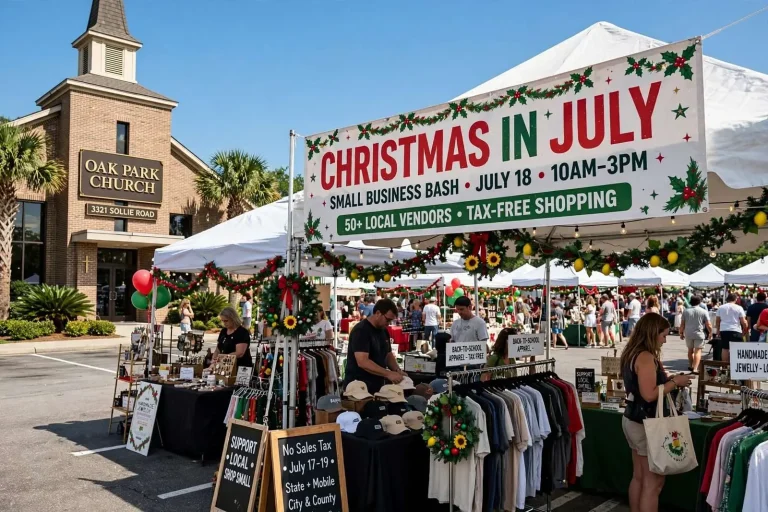 Illustration for the news story: A Mobile Church Is Turning Its Parking Lot Into a Christmas-in-July Market With About 50 Local Vendors