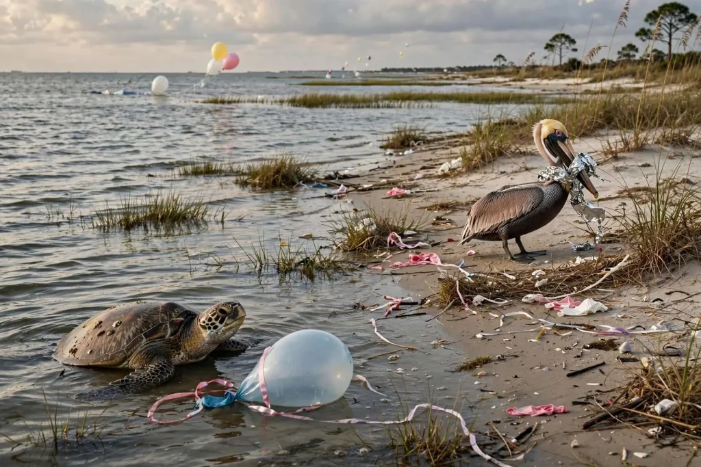 Illustration for the news story: A Popular Celebration Tradition Is Quietly Harming Wildlife Along Alabama’s Coast, Experts Warn