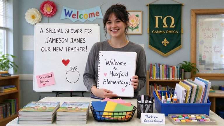 Illustration for the news story: A Sorority Chapter Threw a ‘Teacher Shower’ for a New Huxford Elementary Teacher Instead of Making Her Buy Her Own Classroom Supplies