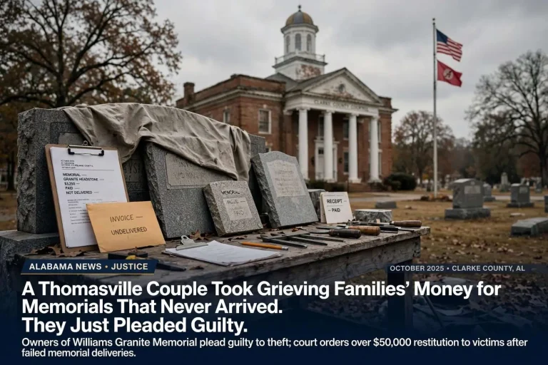 Illustration for the news story: A Thomasville Couple Took Grieving Families’ Money for Memorials That Never Arrived. They Just Pleaded Guilty.