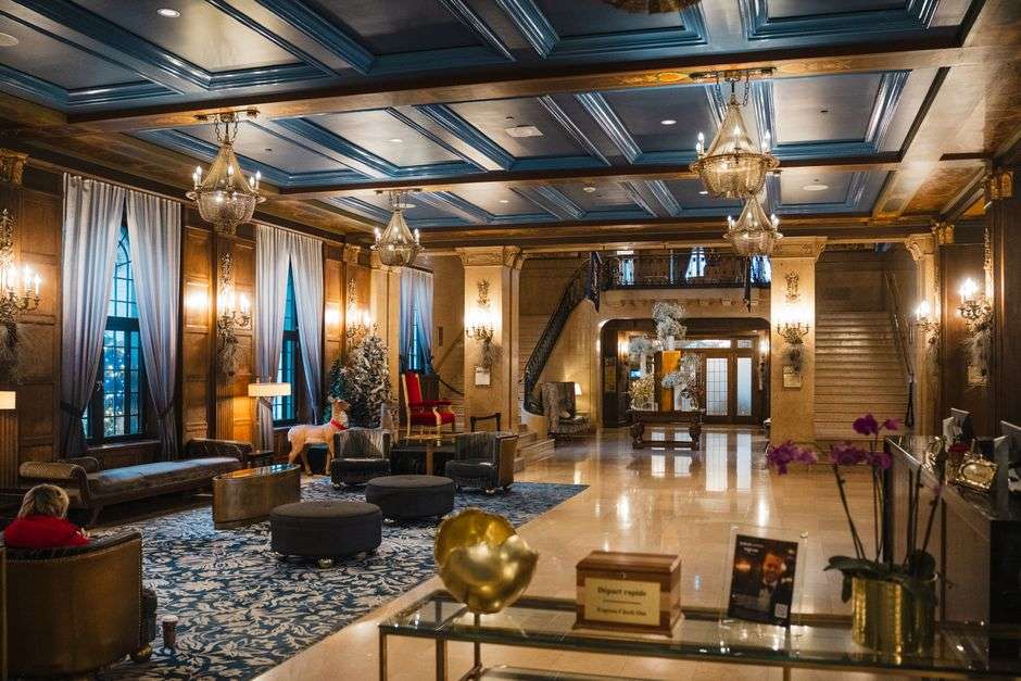 Elegant hotel lobby with furniture similar to items sold during a downtown Mobile hotel liquidation sale