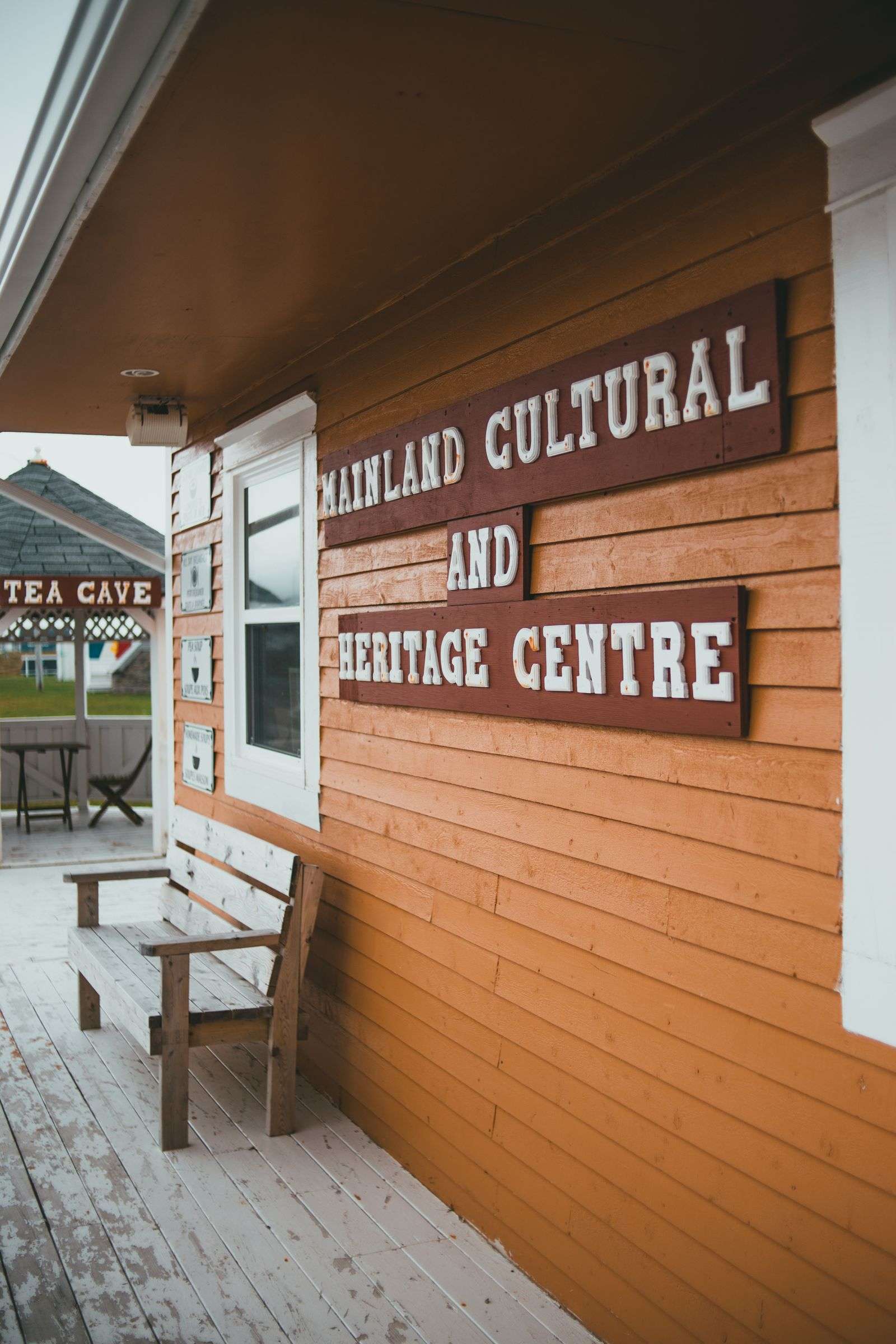Wooden heritage center exterior with signage