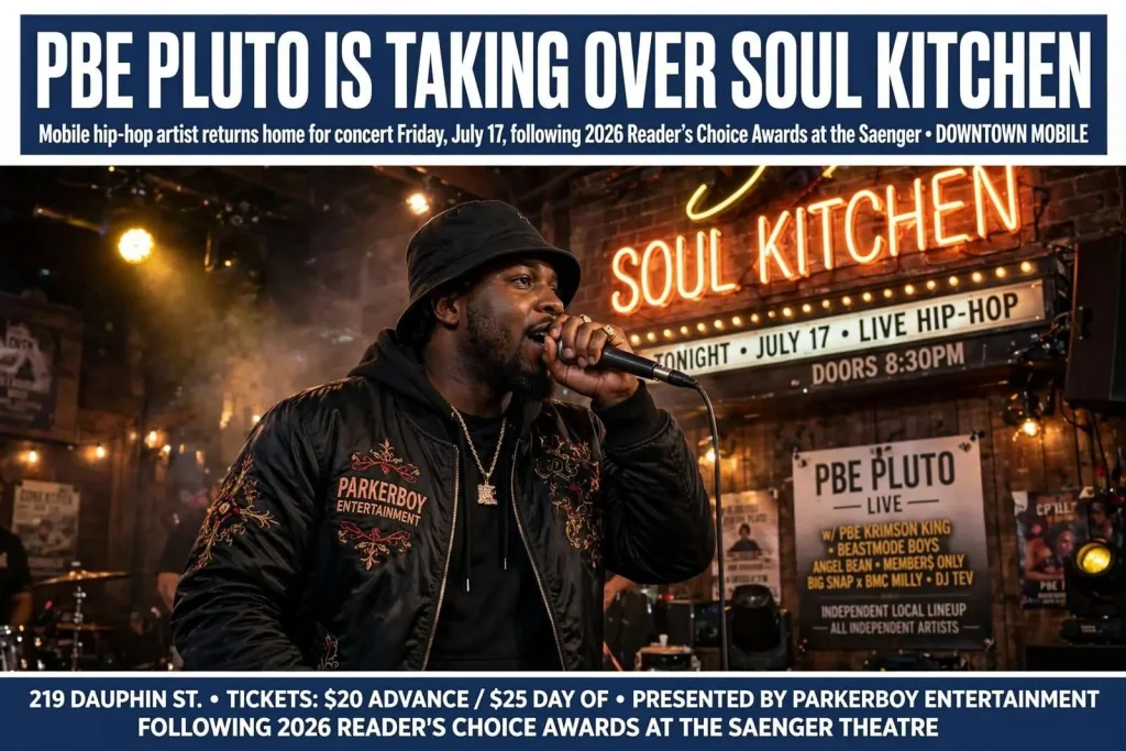 Illustration for the news story: After the Reader’s Choice Awards Wrap Up at the Saenger, Mobile Hip-Hop Artist PBE Pluto Is Taking Over Soul Kitchen