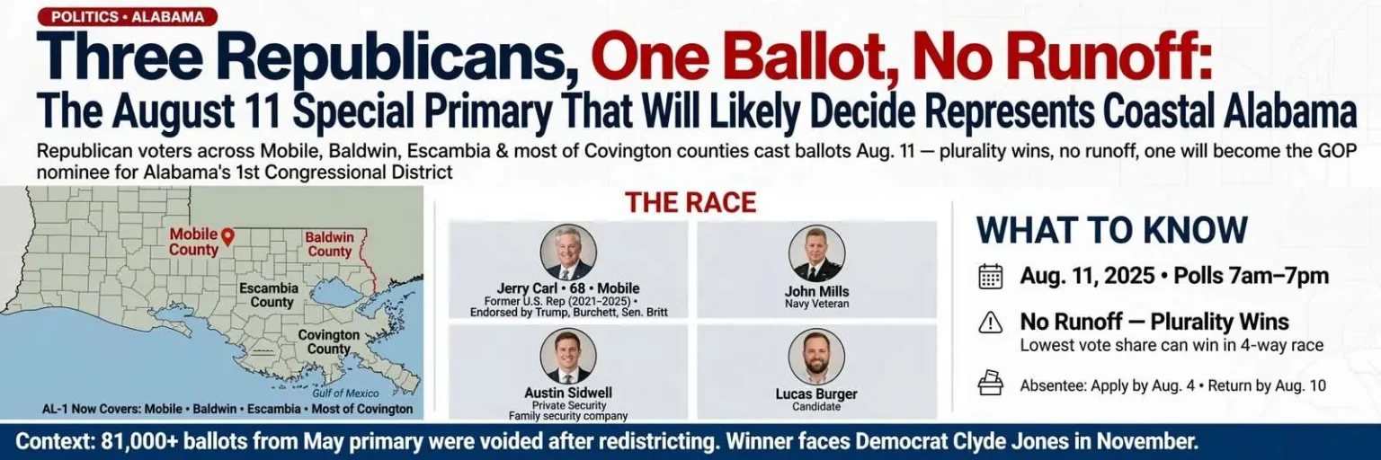 Illustration for the news story: Three Republicans, One Ballot, No Runoff: The August 11 Special Primary That Will Likely Decide Who Represents Coastal Alabama