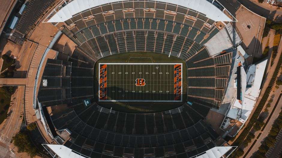 An American football stadium seen from above on a sunny day