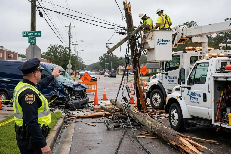 Illustration for the news story: Alabama Power Crews Repair Utility Pole After Overnight Crash on Mobile’s McVay Drive