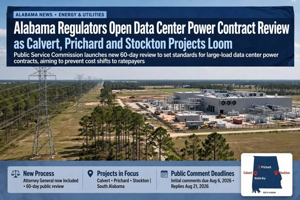 Illustration for the news story: Alabama Regulators Open Data Center Power Contract Review as Calvert, Prichard and Stockton Projects Loom
