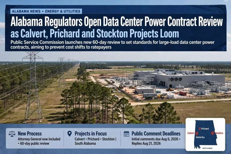 Illustration for the news story: Alabama Regulators Open Data Center Power Contract Review as Calvert, Prichard and Stockton Projects Loom