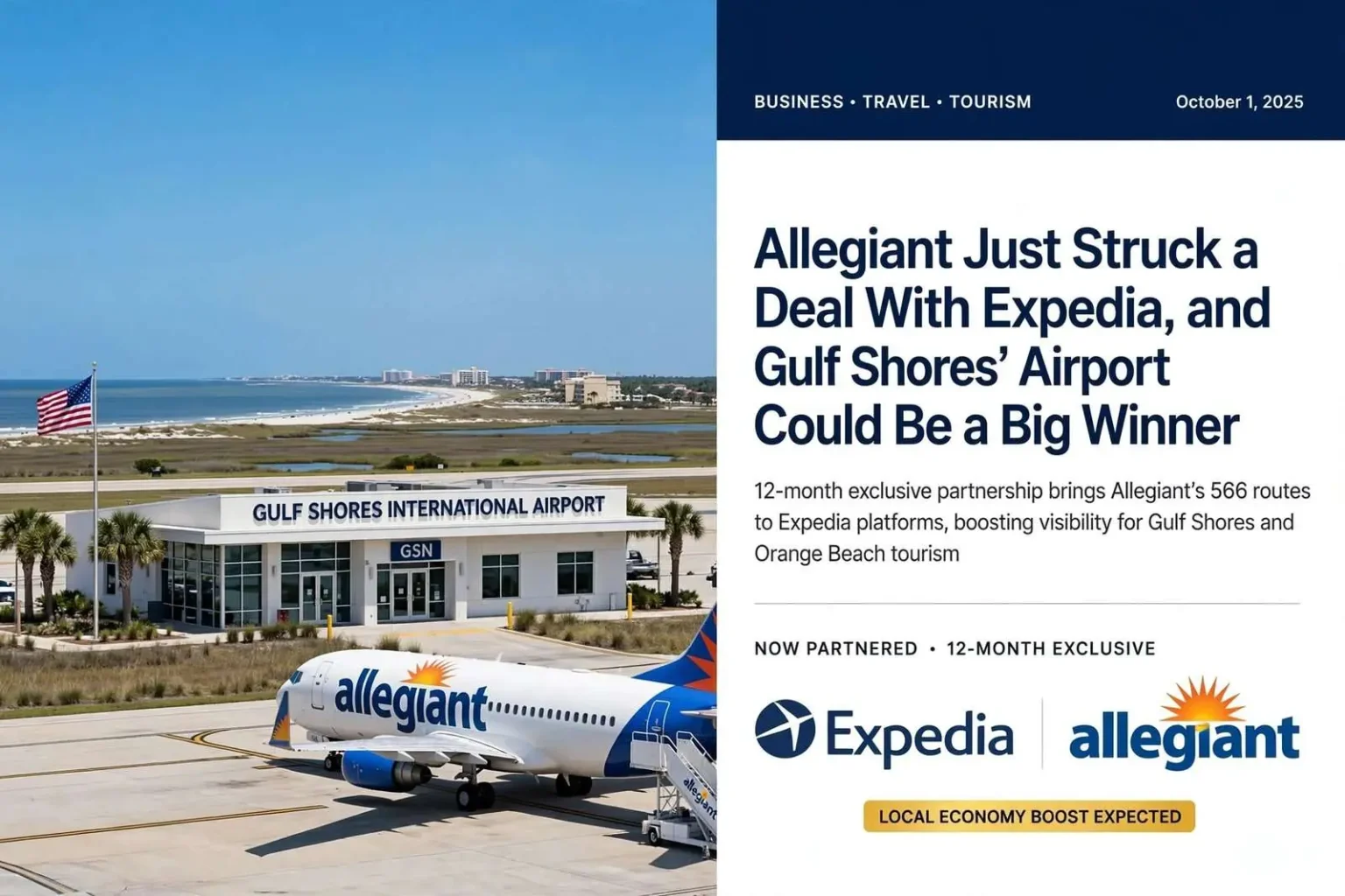 Illustration for the news story: Allegiant Just Struck a Deal With Expedia, and Gulf Shores’ Airport Could Be a Big Winner