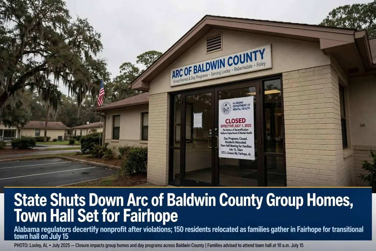 Illustration for the news story: State Shuts Down Arc of Baldwin County Group Homes, Town Hall Set for Fairhope