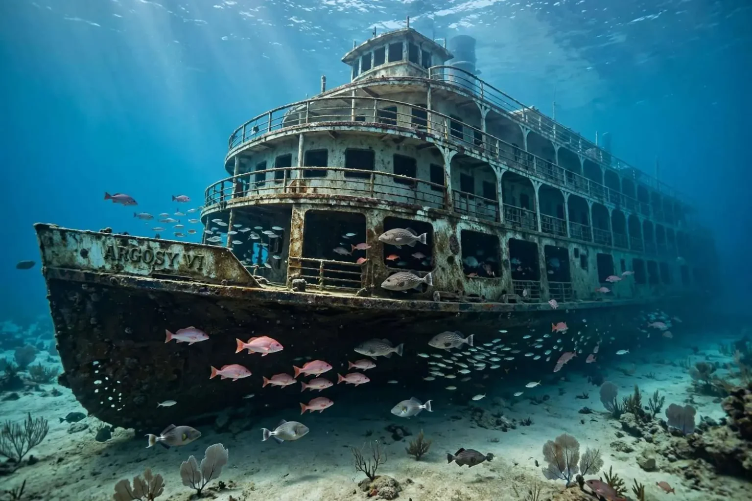 Illustration for the news story: 408-Foot Riverboat Casino Sunk Off Orange Beach Completes Alabama’s Big-Ship Reef Trio