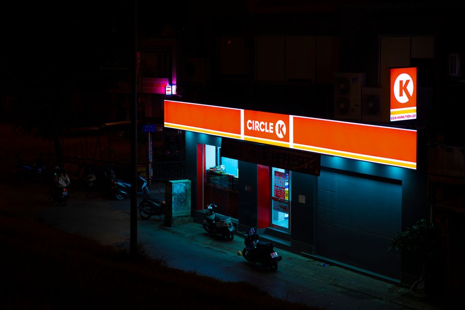 Exterior of a Dollar General retail store at night