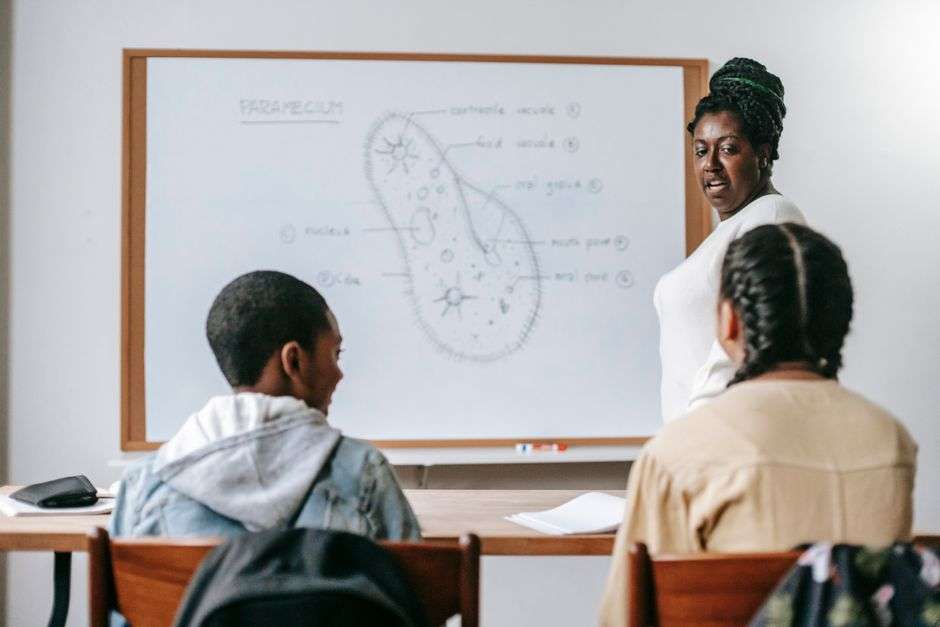 Students and a teacher work through a science lesson in a classroom