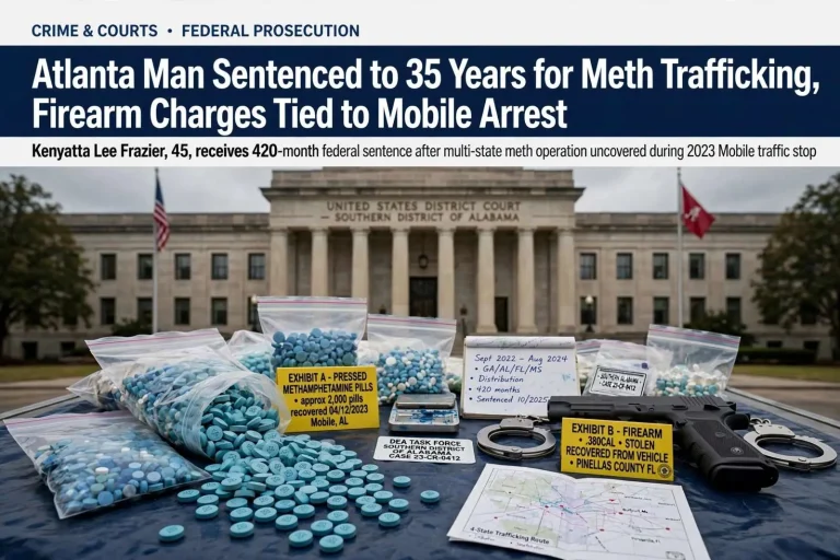 Illustration for the news story: Atlanta Man Sentenced to 35 Years for Meth Trafficking, Firearm Charges Tied to Mobile Arrest
