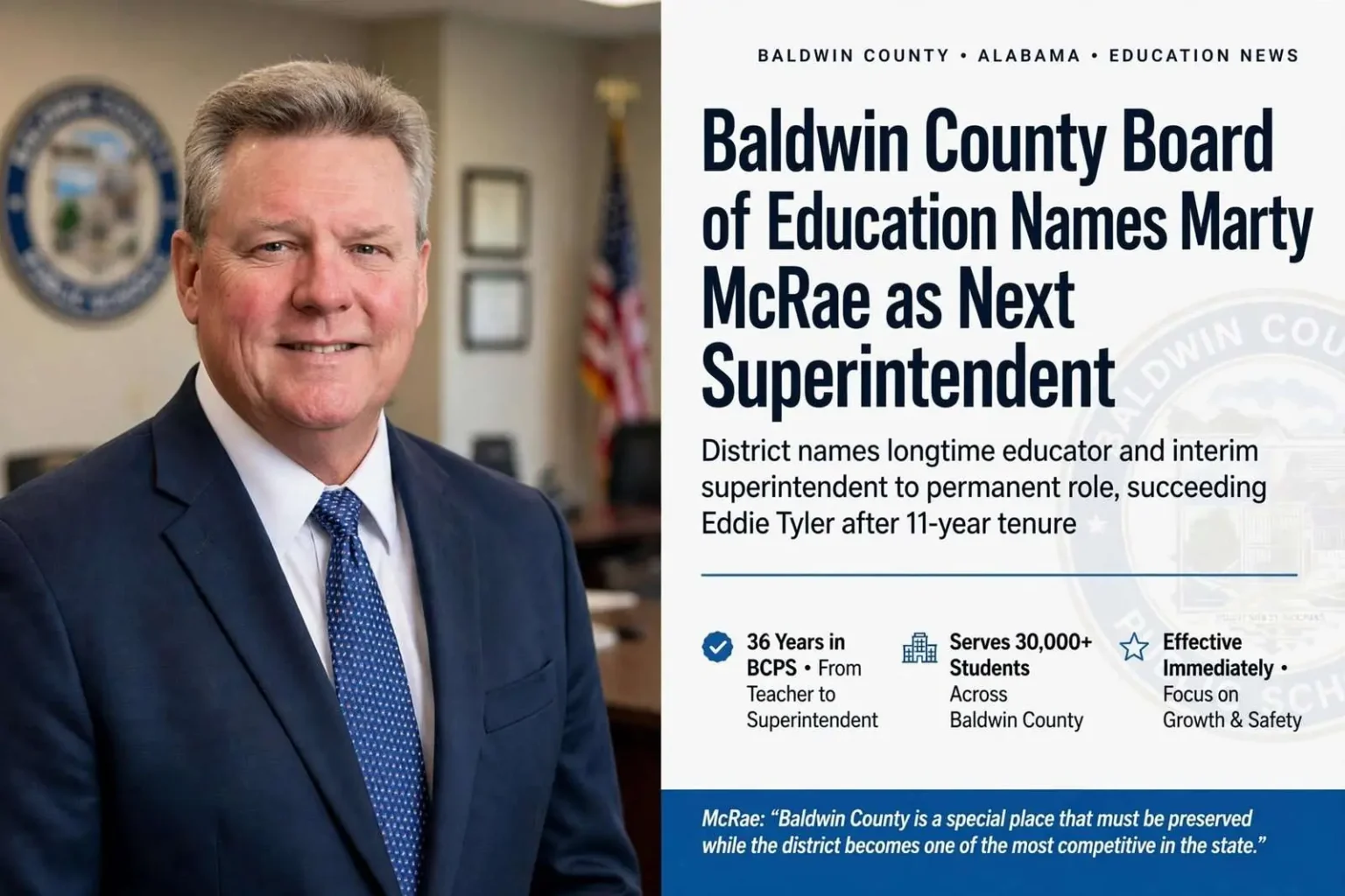 Illustration for the news story: Baldwin County Board of Education Names Marty McRae as Next Superintendent