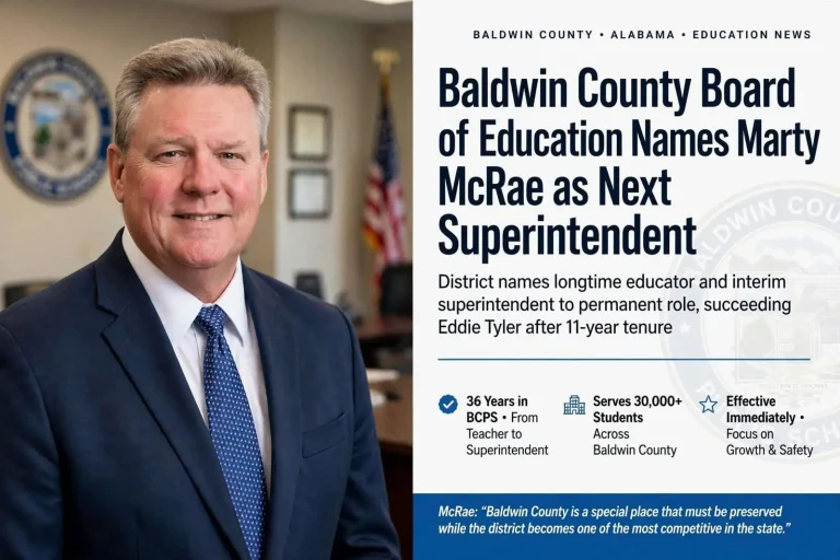 Illustration for the news story: Baldwin County Board of Education Names Marty McRae as Next Superintendent