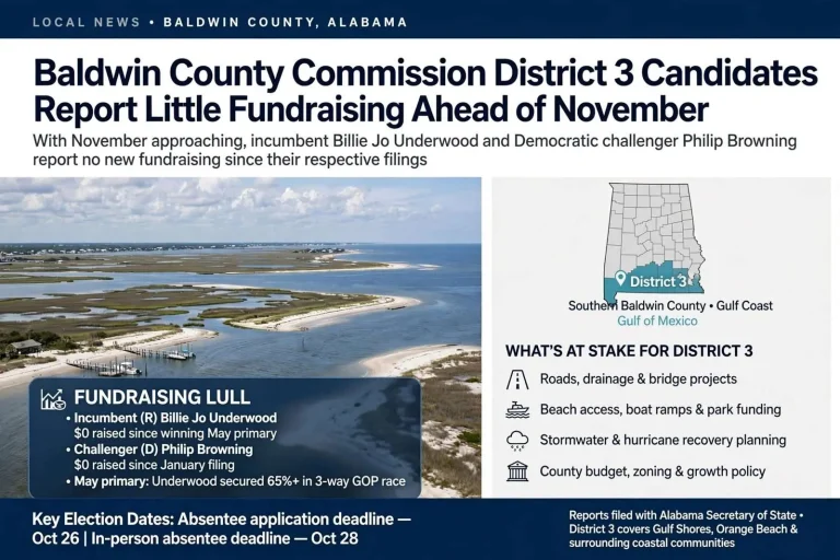 Illustration for the news story: Baldwin County Commission District 3 Candidates Report Little Fundraising Ahead of November