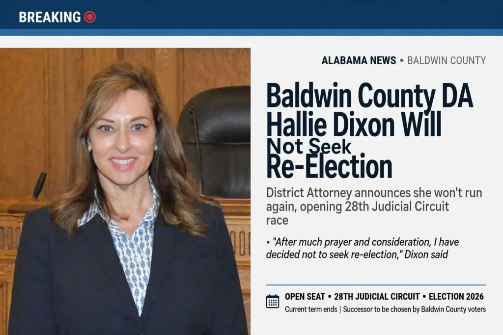 Illustration for the news story: Baldwin County DA Hallie Dixon Will Not Seek Re-Election