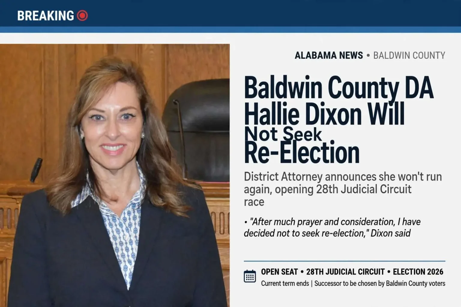 Illustration for the news story: Baldwin County DA Hallie Dixon Will Not Seek Re-Election