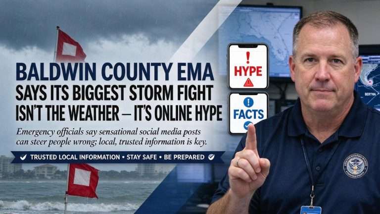 Illustration for the news story: Baldwin County EMA Says Its Biggest Storm Fight Isn’t the Weather — It’s Online Hype