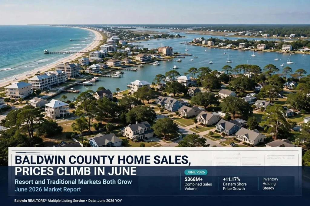 Illustration for the news story: Baldwin County Home Sales, Prices Climb in June as Resort and Traditional Markets Both Grow