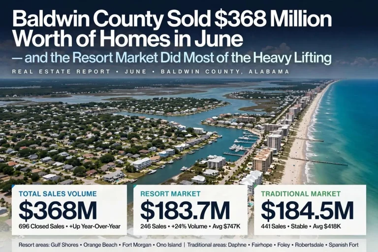 Illustration for the news story: Baldwin County Sold $368 Million Worth of Homes in June — and the Resort Market Did Most of the Heavy Lifting