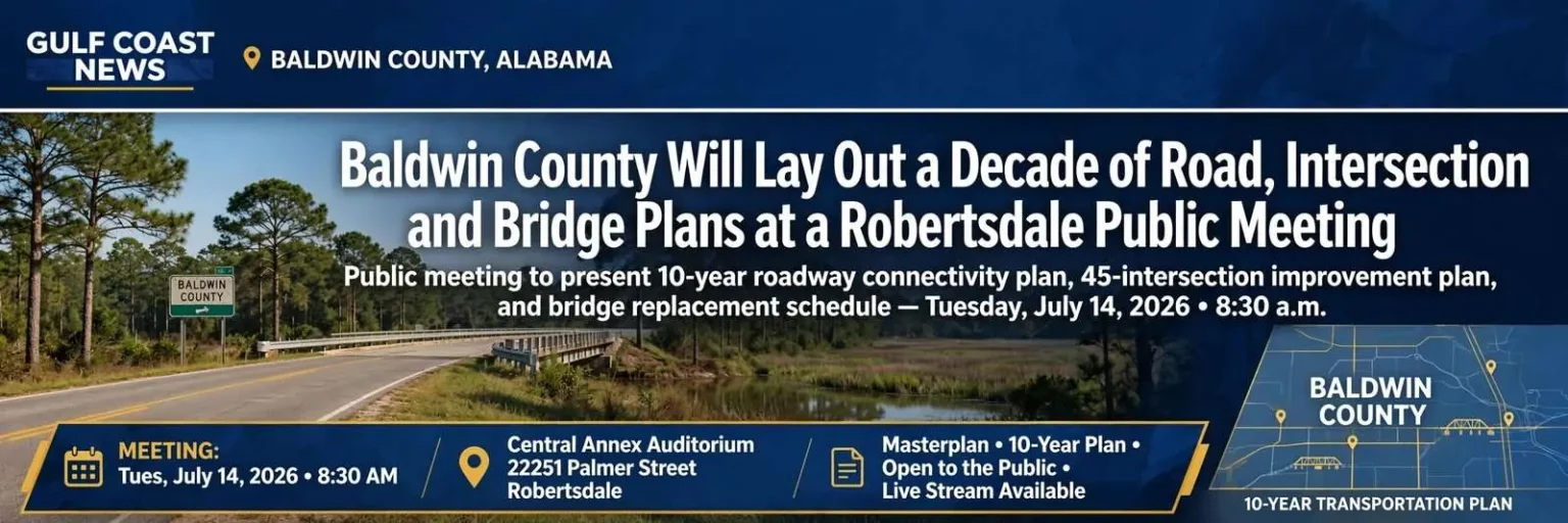 Illustration for the news story: Baldwin County Will Lay Out a Decade of Road, Intersection and Bridge Plans at a Robertsdale Public Meeting