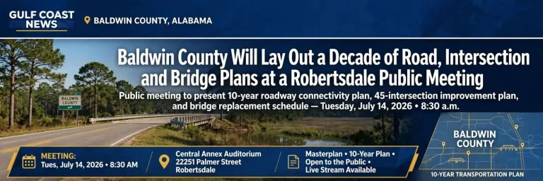 Illustration for the news story: Baldwin County Will Lay Out a Decade of Road, Intersection and Bridge Plans at a Robertsdale Public Meeting