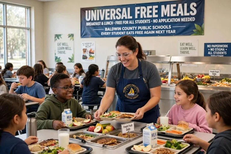 Illustration for the news story: Every Baldwin County Student Eats Free Again Next Year — and Parents Don’t Have to Fill Out a Thing