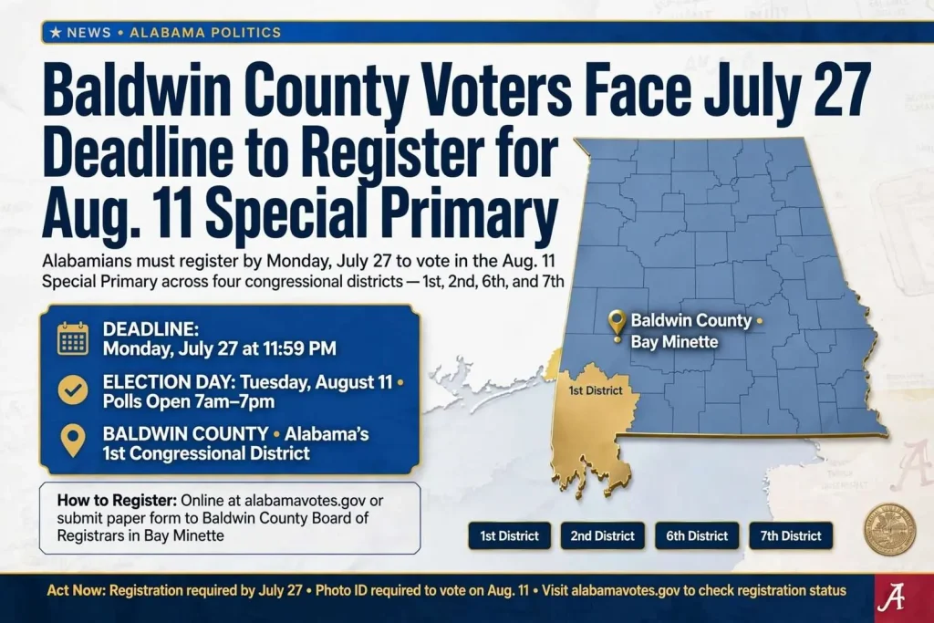 Illustration for the news story: Baldwin County Voters Face July 27 Deadline to Register for Aug. 11 Special Primary