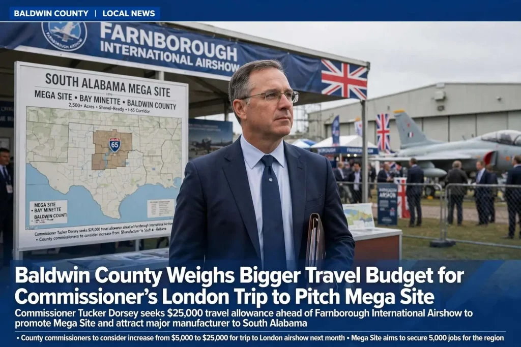 Illustration for the news story: Baldwin County Weighs Bigger Travel Budget for Commissioner’s London Trip to Pitch Mega Site