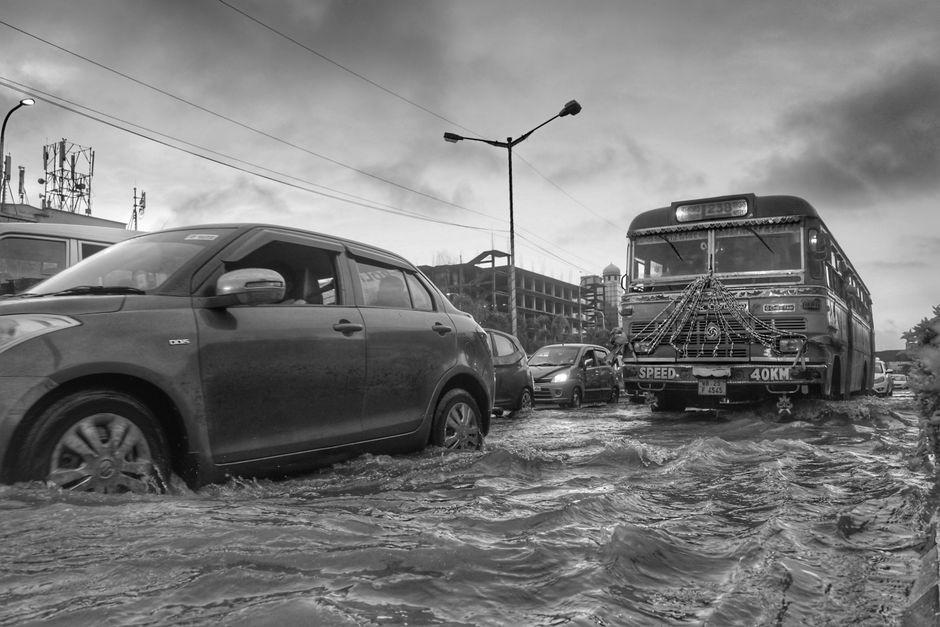 School bus on a wet road