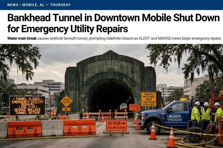 Illustration for the news story: Bankhead Tunnel in Downtown Mobile Shut Down for Emergency Utility Repairs