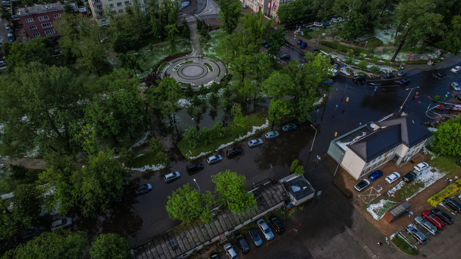 A residential street flooded after heavy rain