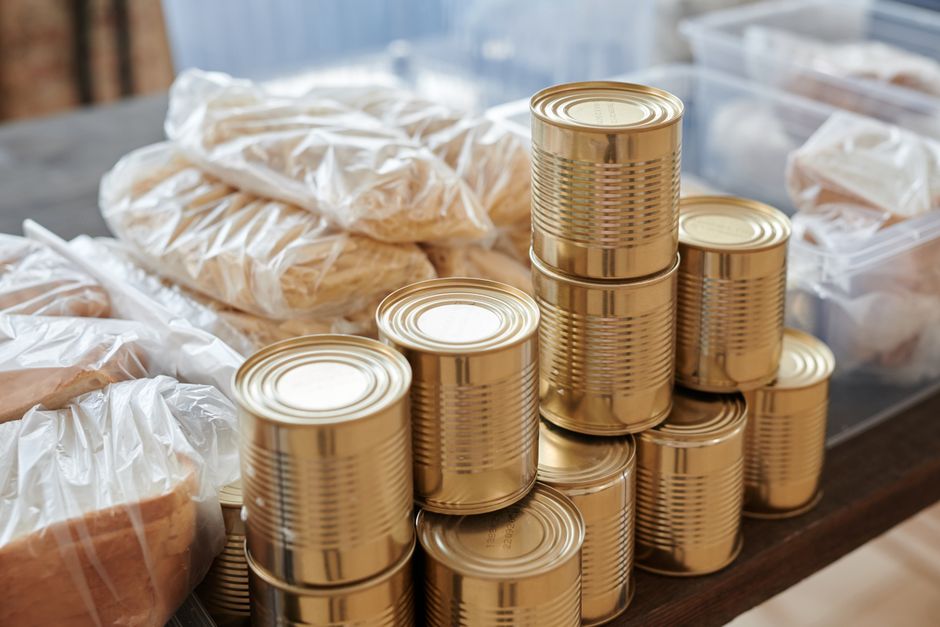 Canned food items collected for a community food drive