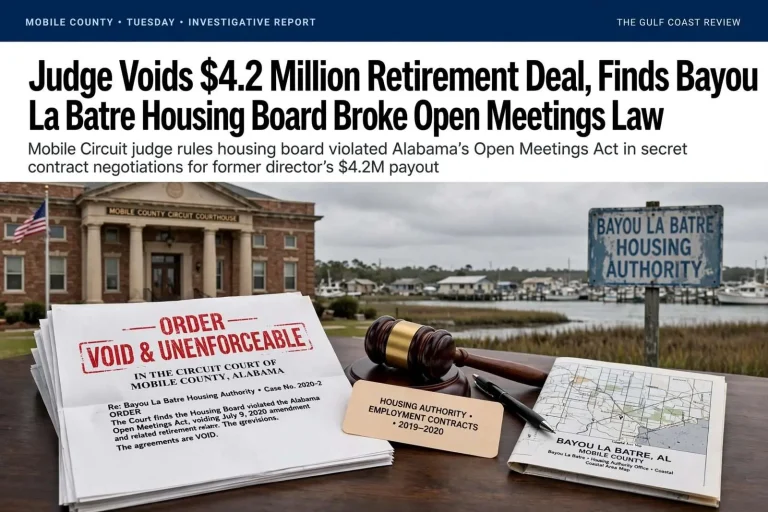 Illustration for the news story: Judge Voids $4.2 Million Retirement Deal, Finds Bayou La Batre Housing Board Broke Open Meetings Law