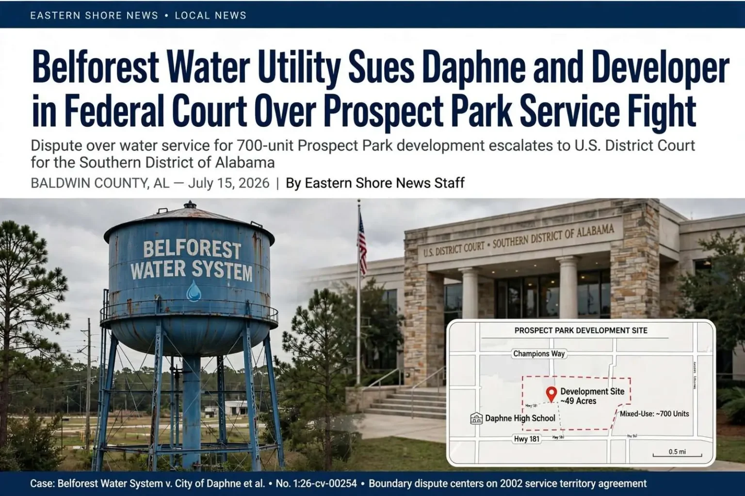 Illustration for the news story: Belforest Water Utility Sues Daphne and Developer in Federal Court Over Prospect Park Service Fight
