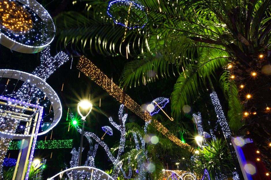 Illuminated holiday light display spread across a garden estate at night