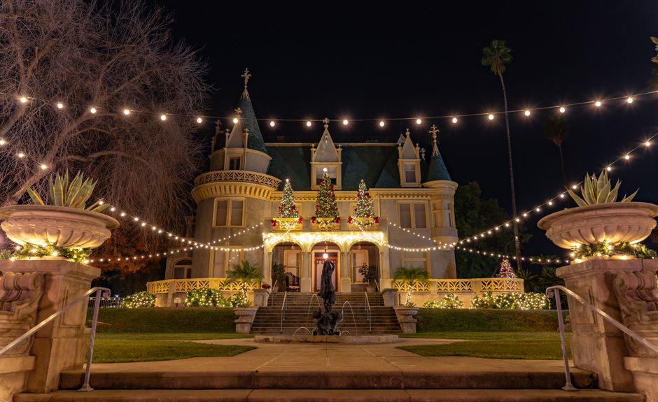 Illuminated holiday light scenes at a historic garden estate at night