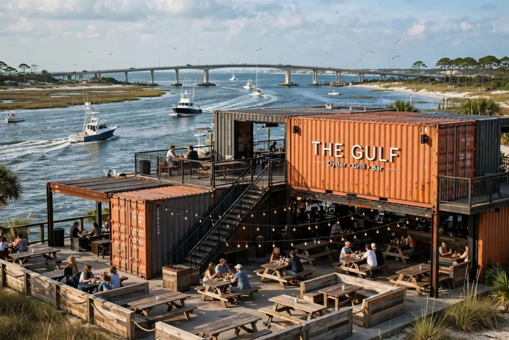 Illustration for the news story: Built From Shipping Containers, This Orange Beach Restaurant Just Won Alabama’s ‘Best Restaurant With a View’