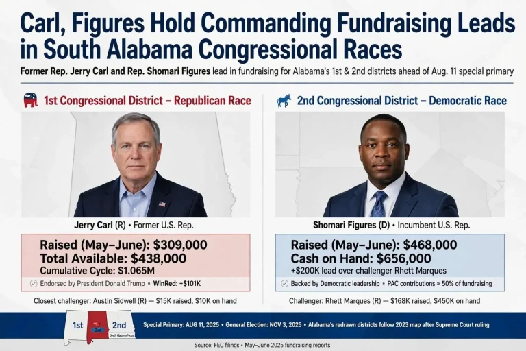 Illustration for the news story: Carl, Figures Hold Commanding Fundraising Leads in South Alabama Congressional Races