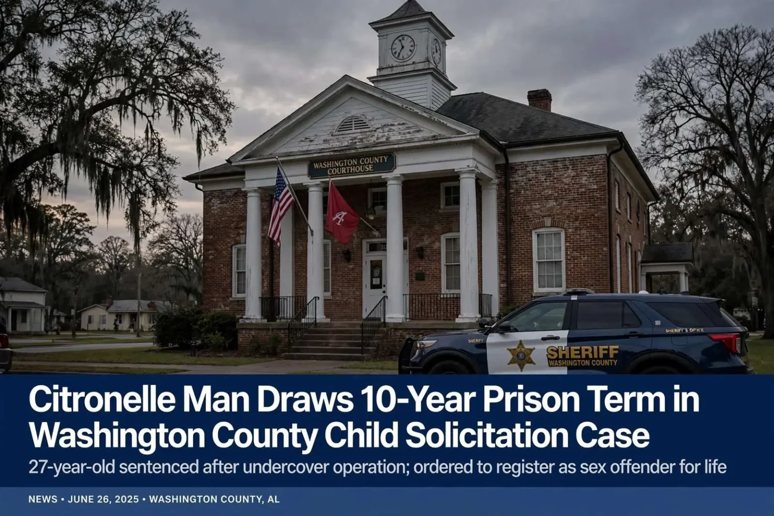 Illustration for the news story: Citronelle Man Draws 10-Year Prison Term in Washington County Child Solicitation Case