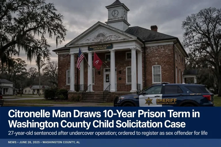 Illustration for the news story: Citronelle Man Draws 10-Year Prison Term in Washington County Child Solicitation Case