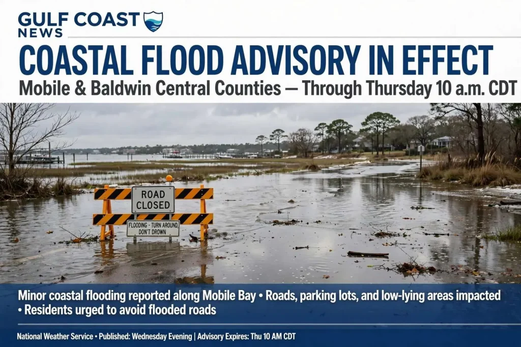 Illustration for the news story: Coastal Flood Advisory in Effect for Mobile and Baldwin Central Counties Through Thursday Morning