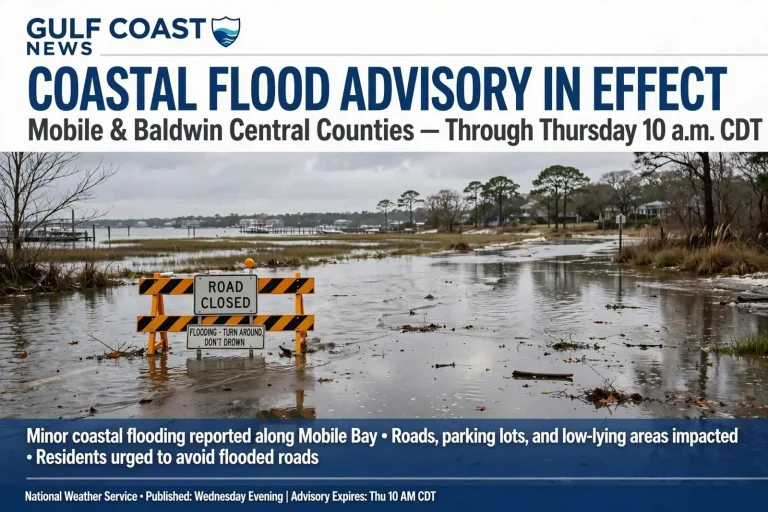 Illustration for the news story: Coastal Flood Advisory in Effect for Mobile and Baldwin Central Counties Through Thursday Morning