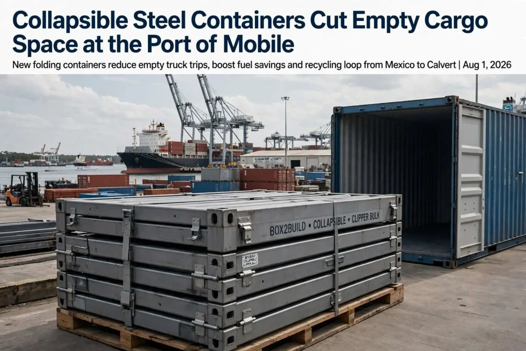 Illustration for the news story: Collapsible Steel Containers Cut Empty Cargo Space at the Port of Mobile